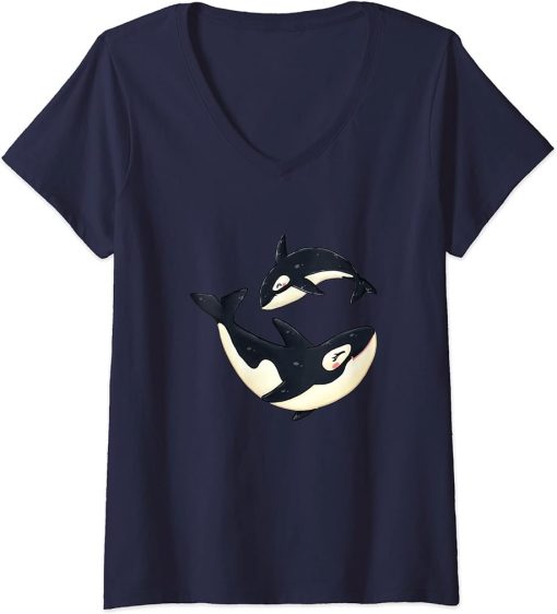 Womens Happy Orcas Killer Whale Cute Orca Lover Men Women V-Neck T-Shirt