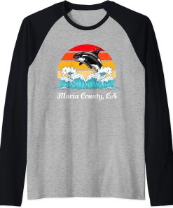 Vintage Marin County CA Distressed Orca Killer Whale Art Raglan Baseball Tee