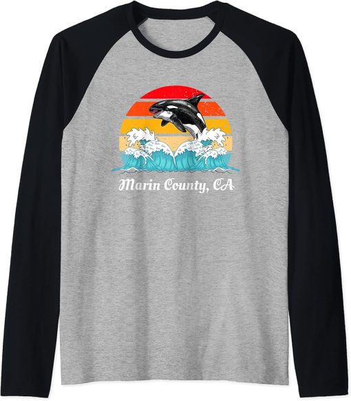 Vintage Marin County CA Distressed Orca Killer Whale Art Raglan Baseball Tee